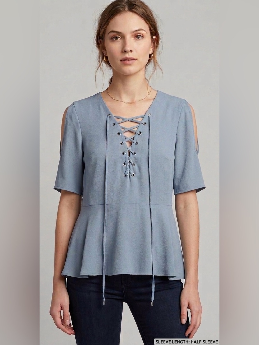 Lovers + Friends Blue‎ Lace Up Cold Shoulder Peplum Top Size S